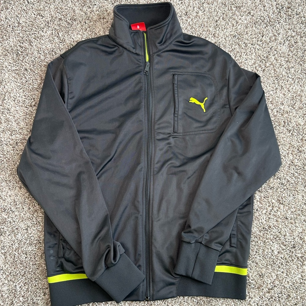 Puma Men's Black Windbreaker with Neon Green Details